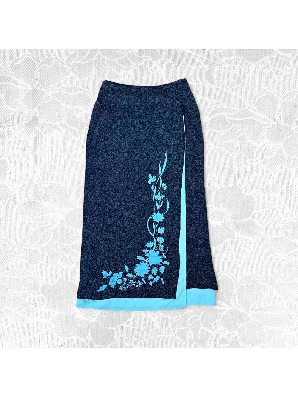 Country Casuals Vintage 80's Navy Blue and Cyan Layered Maxi Skirt - Size 10